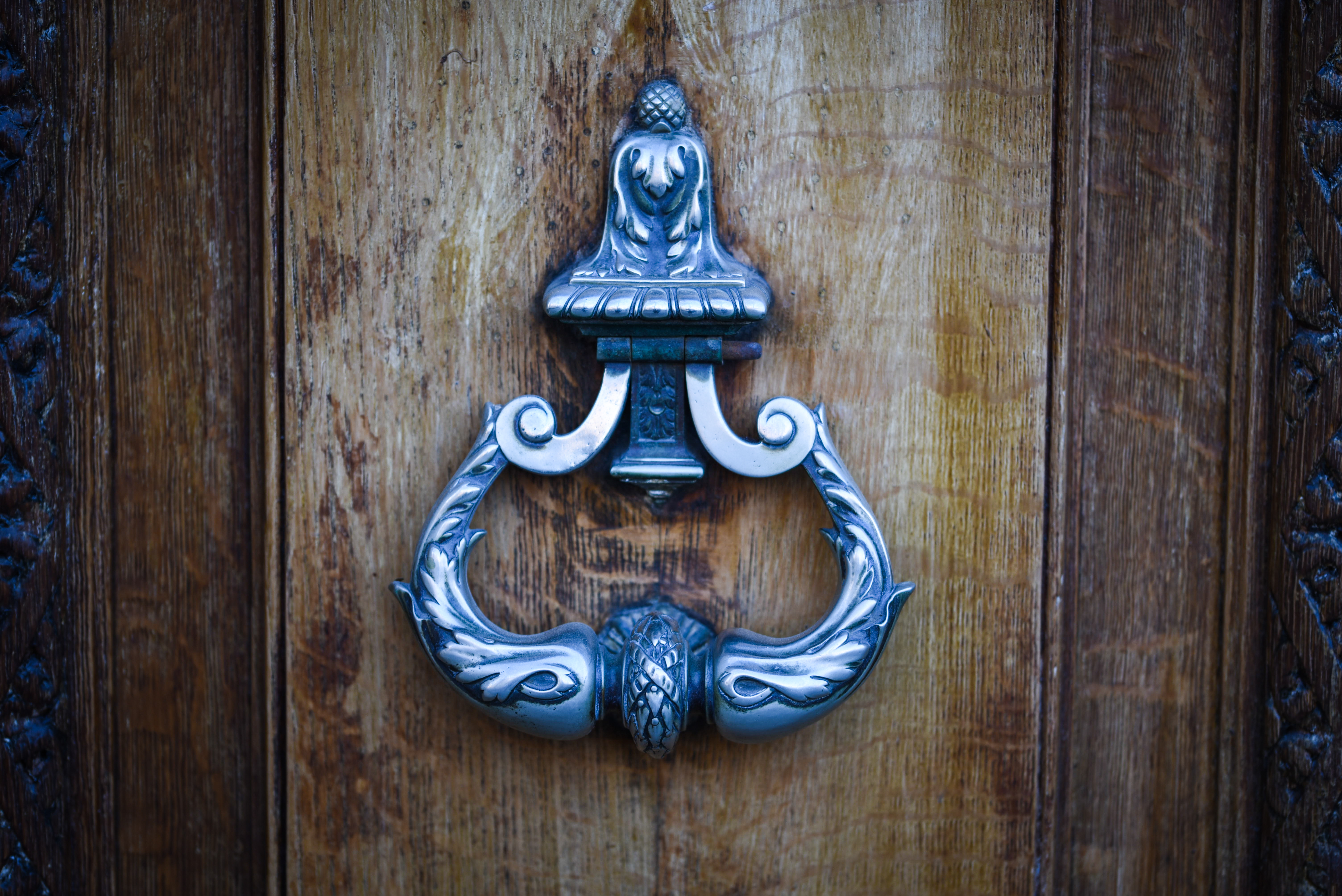 A closed wooden door with a brass knocker, representing institutional access and support that exist but are not necessarily available